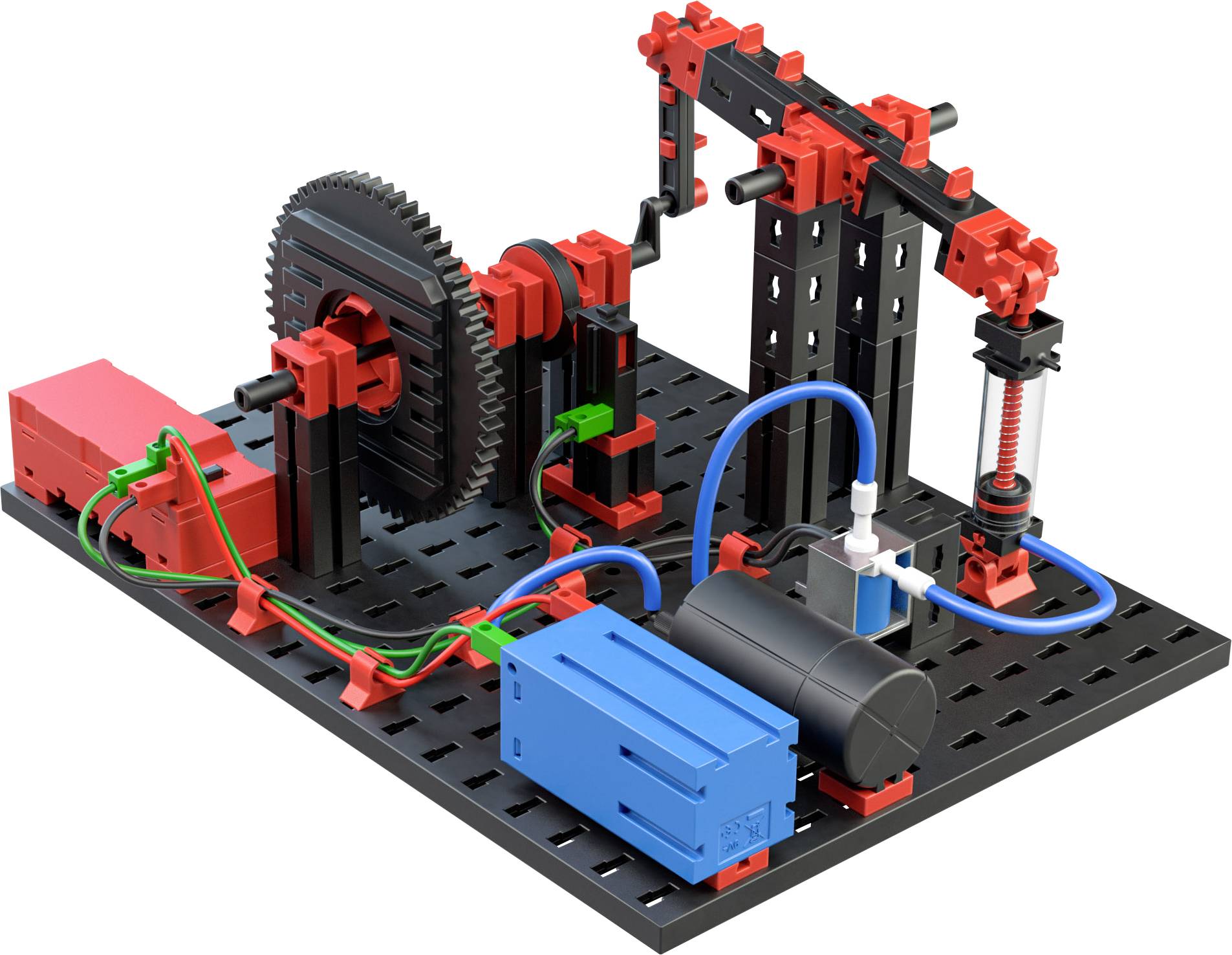 A model of a pneumatic machine with gears, cylinders, and coloured connecting pipes, mounted on a black grid.