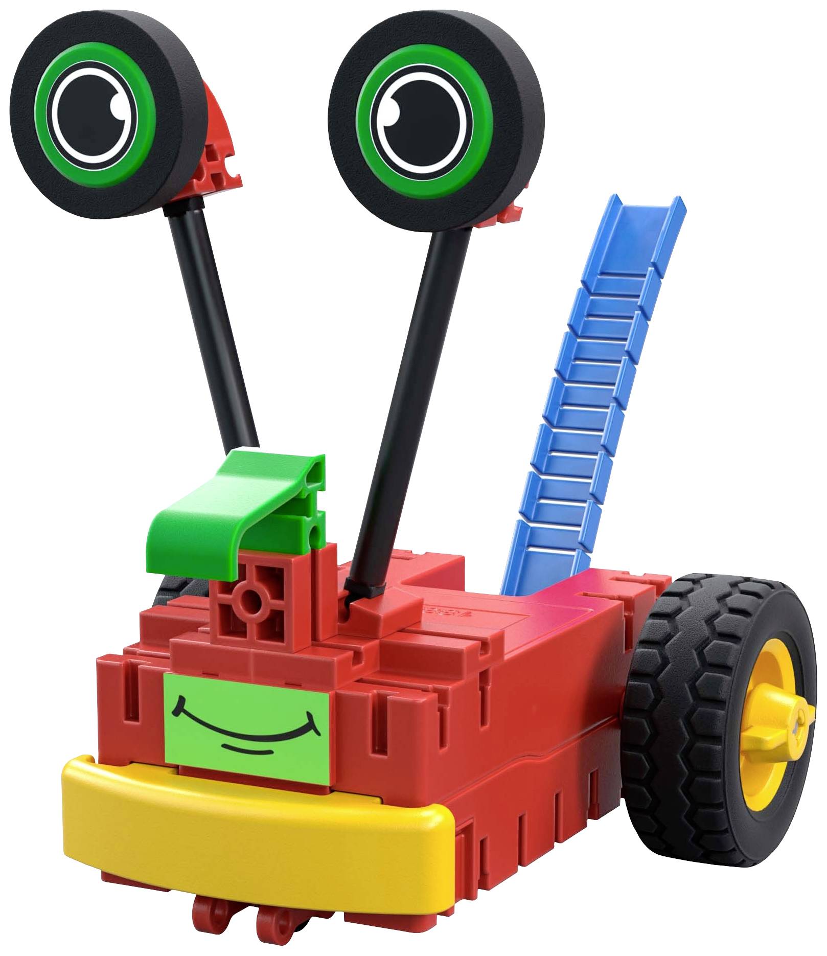 A toy building block figure in red and yellow with wheels, two long antennae, and a smiling face on the front.