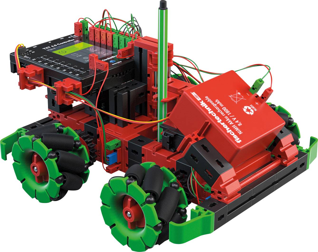 A four-axled, red-black learning robot with green wheels, wired with sensors, suitable for technical educational purposes.