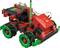 A four-axled, red-black learning robot with green wheels, wired with sensors, suitable for technical educational purposes.
