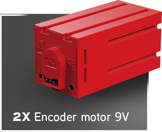 Red Encoder Motor 9V, two pieces, rectangular shape, suitable for technical applications, displayed on a dark grey background.