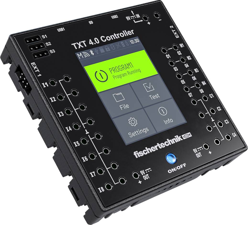 'TXT 4.0 Controller' by fischertechnik with screen shows 'PROGRAM1 Program Running'. Display contains options: 'File', 'Test', 'Settings', 'INFO'.