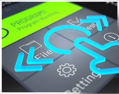 A digital interface with glowing symbols: an arrow, a user icon, and a folder graphic. Text on a green field: "PROGRAM1 Program Running".