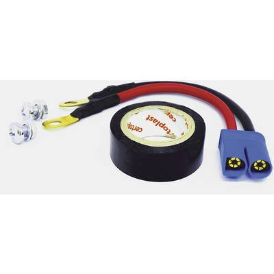 A cable harness with blue plugs, yellow ring terminals, and two screws next to a roll of black electrical tape.