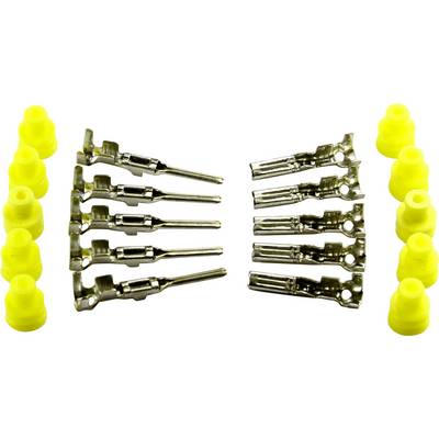 Yellow connection caps and silver clamps. Ten clamps in two rows, caps symmetrically arranged along the outer sides.