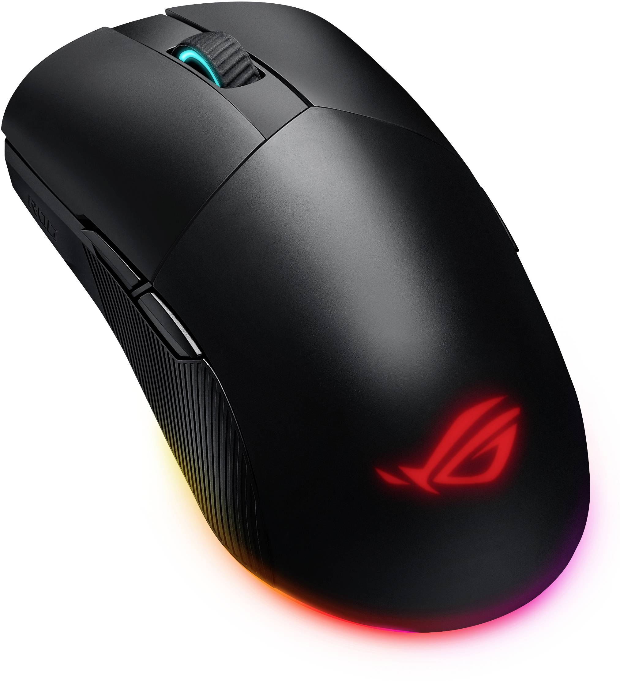 Black gaming mouse with illuminated logo and RGB lighting along the base.