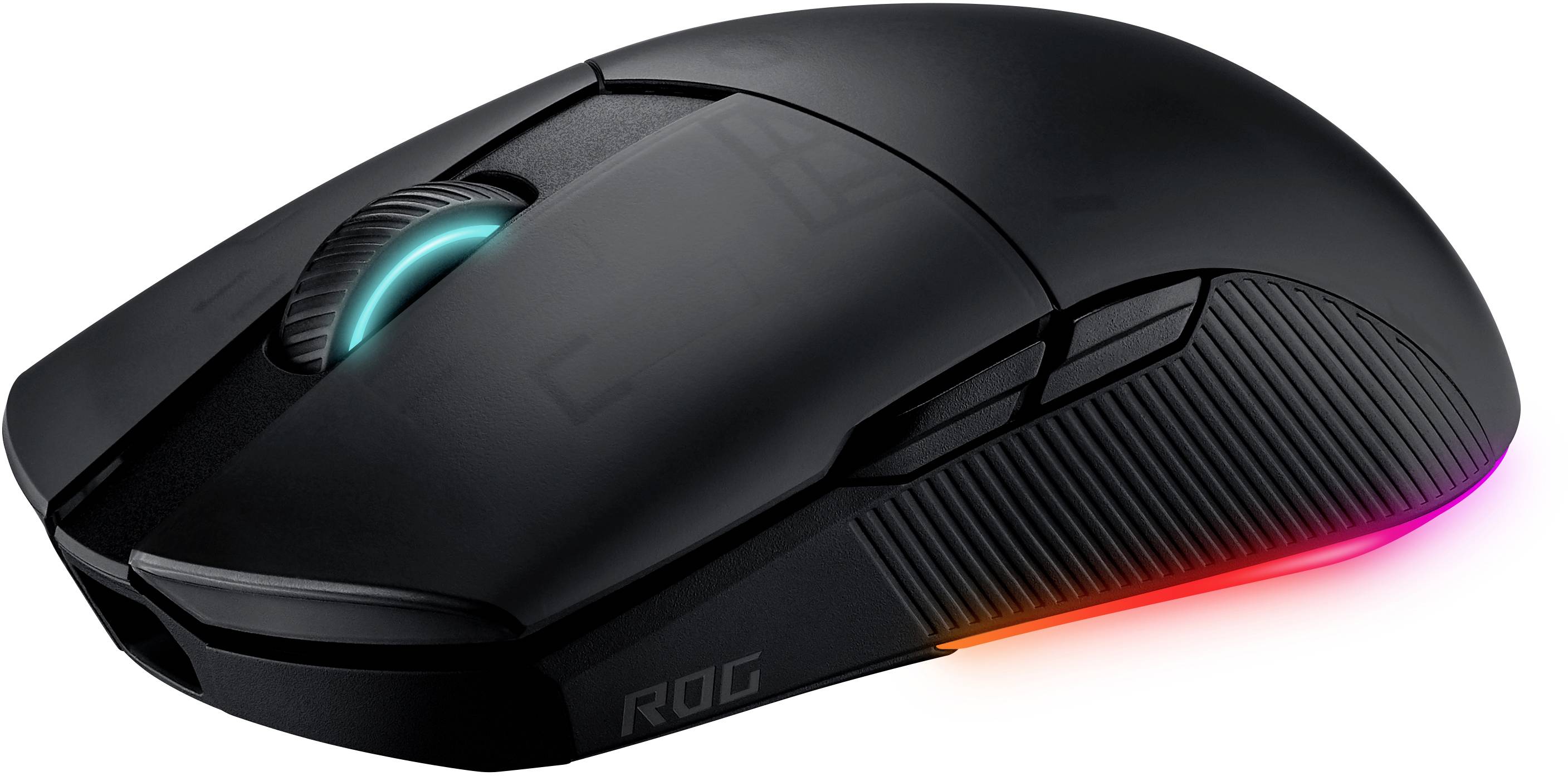 Black, wireless gaming mouse with illuminated scroll wheel and RGB elements on the underside, designed for high precision and comfort.