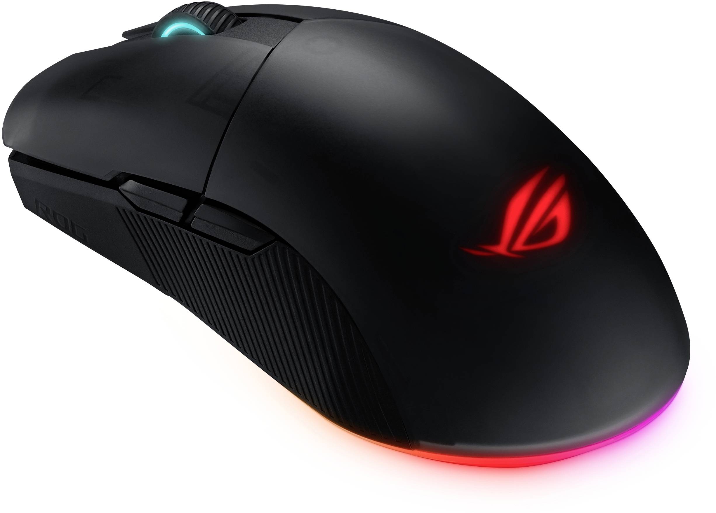 Black gaming mouse with illuminated logo and adjustable lighting on the underside, suitable for PC gaming.