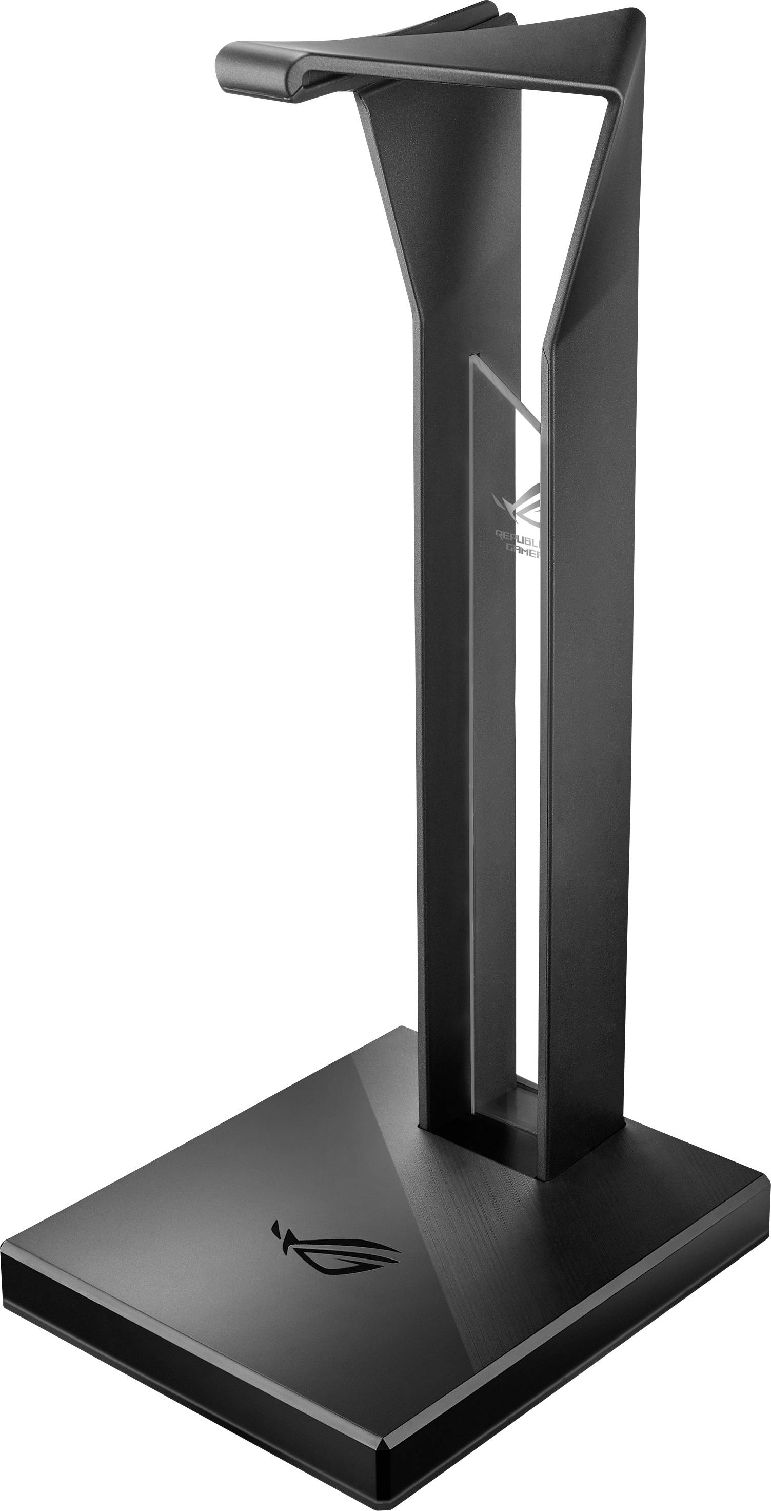Black headphone stand with geometric design. Features a base with the Republic of Gamers logo.