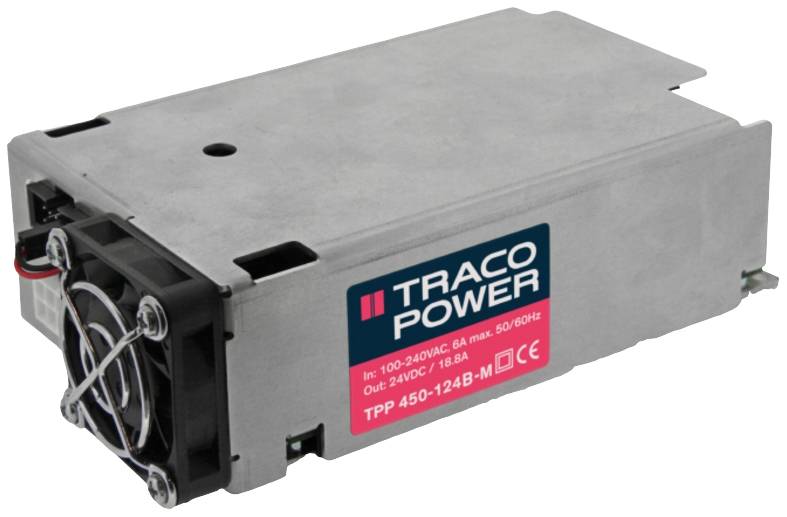 A silver electronic device with 'TRACO POWER' printed on it. It has ventilation slots and a product label on the side.