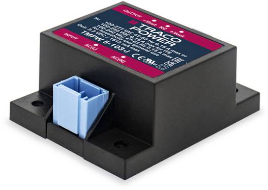 'AC-DC power supply, black plastic housing with blue connection plug. Suitable for industrial applications.'