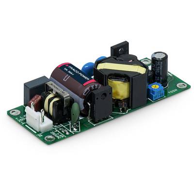 An electronic module with various components such as capacitors, an inductor, and connectors mounted on a green printed circuit board.