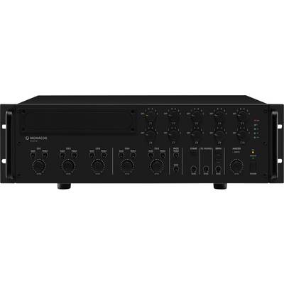 Black Monacor amplifier with multiple jack sockets and rotary controls. Device switches audio sources and adjusts volume.