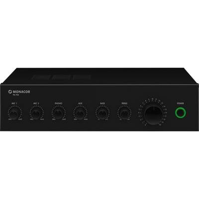 Black Monacor amplifier with multiple control knobs for microphone, phono, AUX, bass, treble, and volume. Power button on the right.