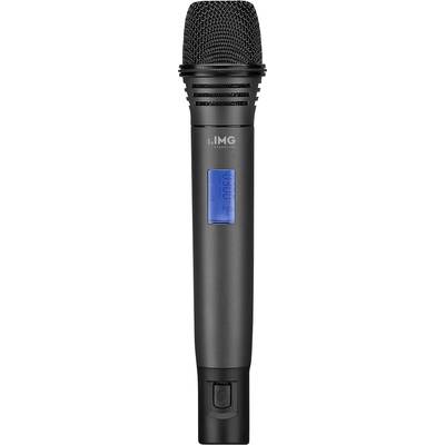 Black handheld microphone with a blue display on the front.
