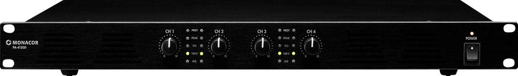 A black and silver audio amplifier with two front volume controls and an on/off switch on the right. Brand name visible on the left.