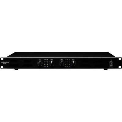 A black and silver audio amplifier with two front volume controls and an on/off switch on the right. Brand name visible on the left.
