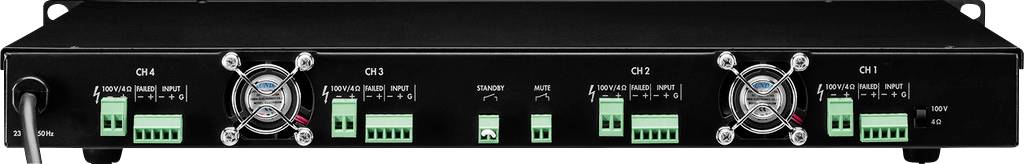 A black rack with four identical ports, each featuring a fan and green and blue components, arranged symmetrically.