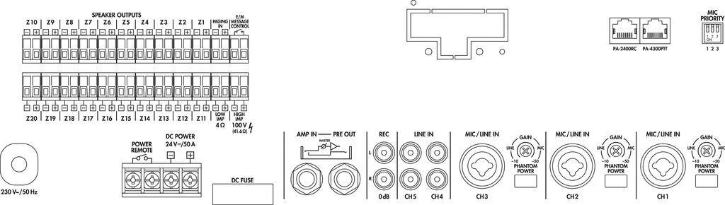 'Connection diagram of an audio device rear panel: Speaker outputs, DC power connection, Line and microphone inputs, PC connection.'