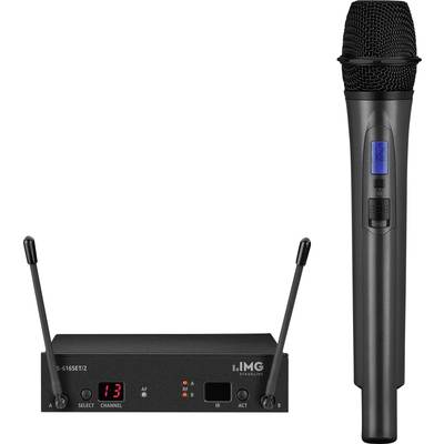 Black wireless microphone with receiver. The receiver displays the channel number '13' and has two antennae.