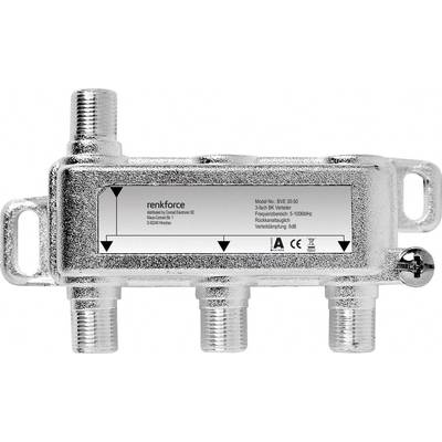 A silver Renkforce cable splitter with four ports, model BVE 3-01. Frequency range: 5-1000 MHz, distribution loss: 6 dB.