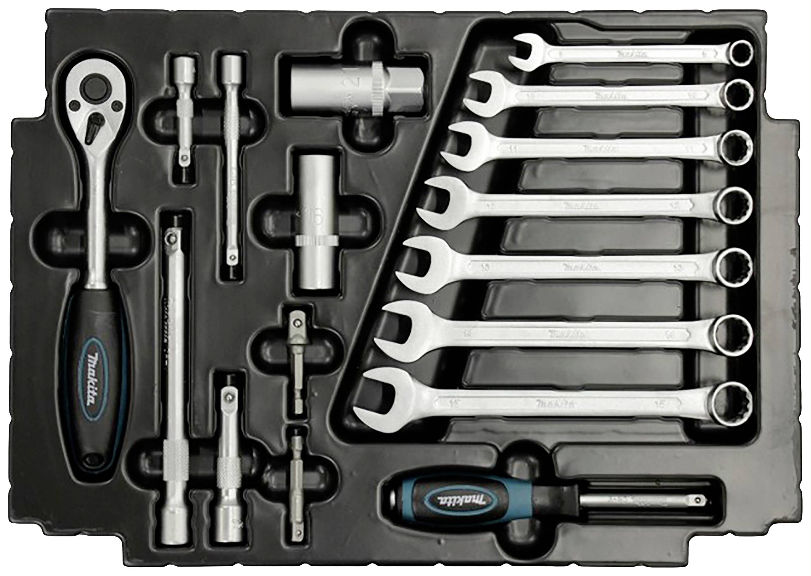 A tool set with a ratchet, socket heads, extensions, spanners, and screwdrivers, arranged in a black holder.