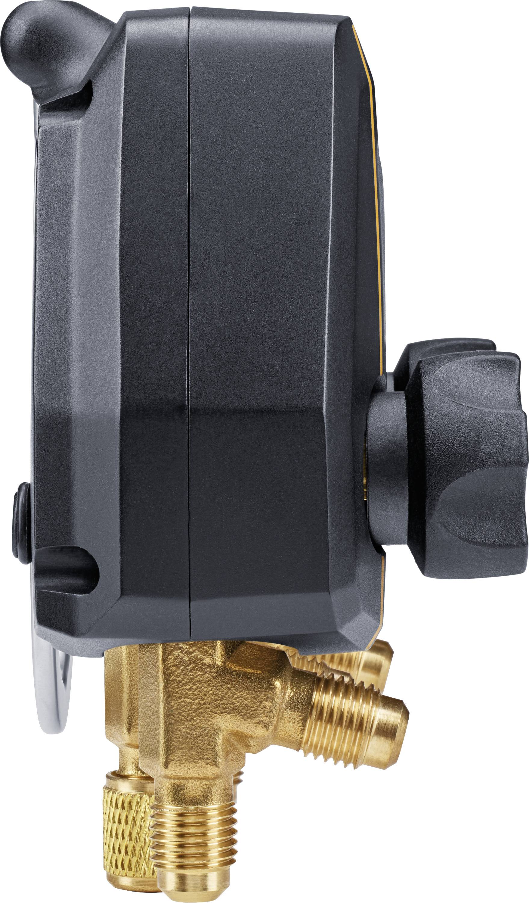 Side view of a black measuring device with a rotary dial and golden connection valves at the bottom.
