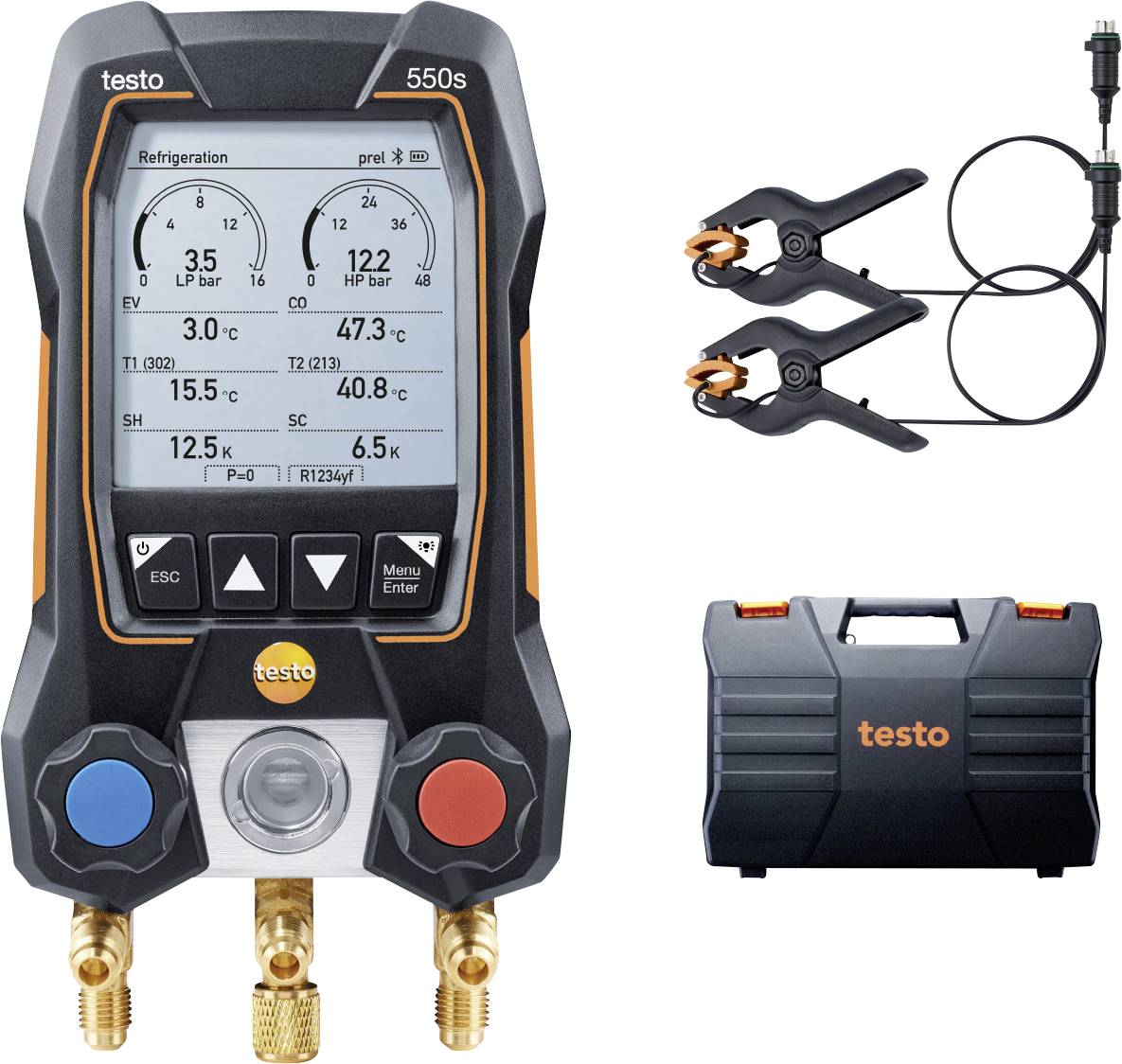 Digital Manifold Gauge for Refrigeration by Testo, Model 550s, with Accessories: Two Sensors and Carry Case. Displays Pressure and Temperature.