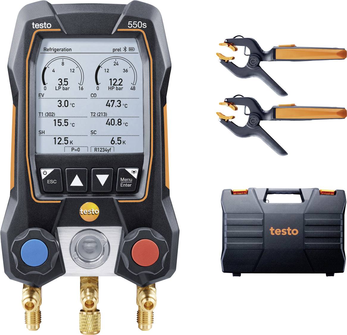 Digital Pressure Gauge Set with two Temperature Clamps and Carry Case, suitable for Refrigeration and Air Conditioning, displays various pressure and temperature readings on the screen.