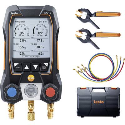 Digital manifold from Testo with LCD display, two temperature probes, coloured hoses and a black tool case.