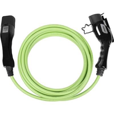 Green electric car charging cable with black plugs at both ends, coiled on a white background.