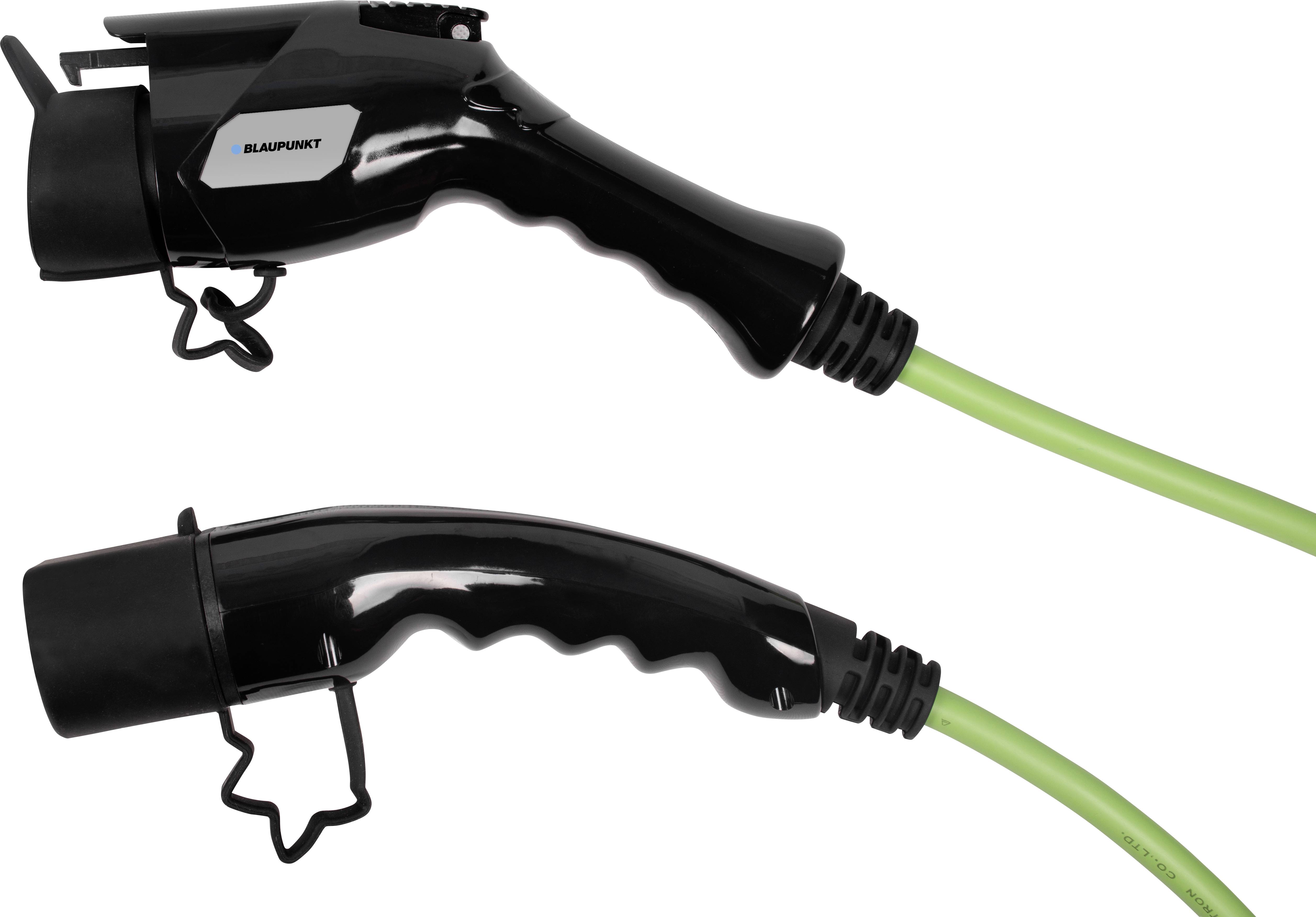 Two black electric vehicle charging plugs with green cables, a side view clearly showing the plugs.