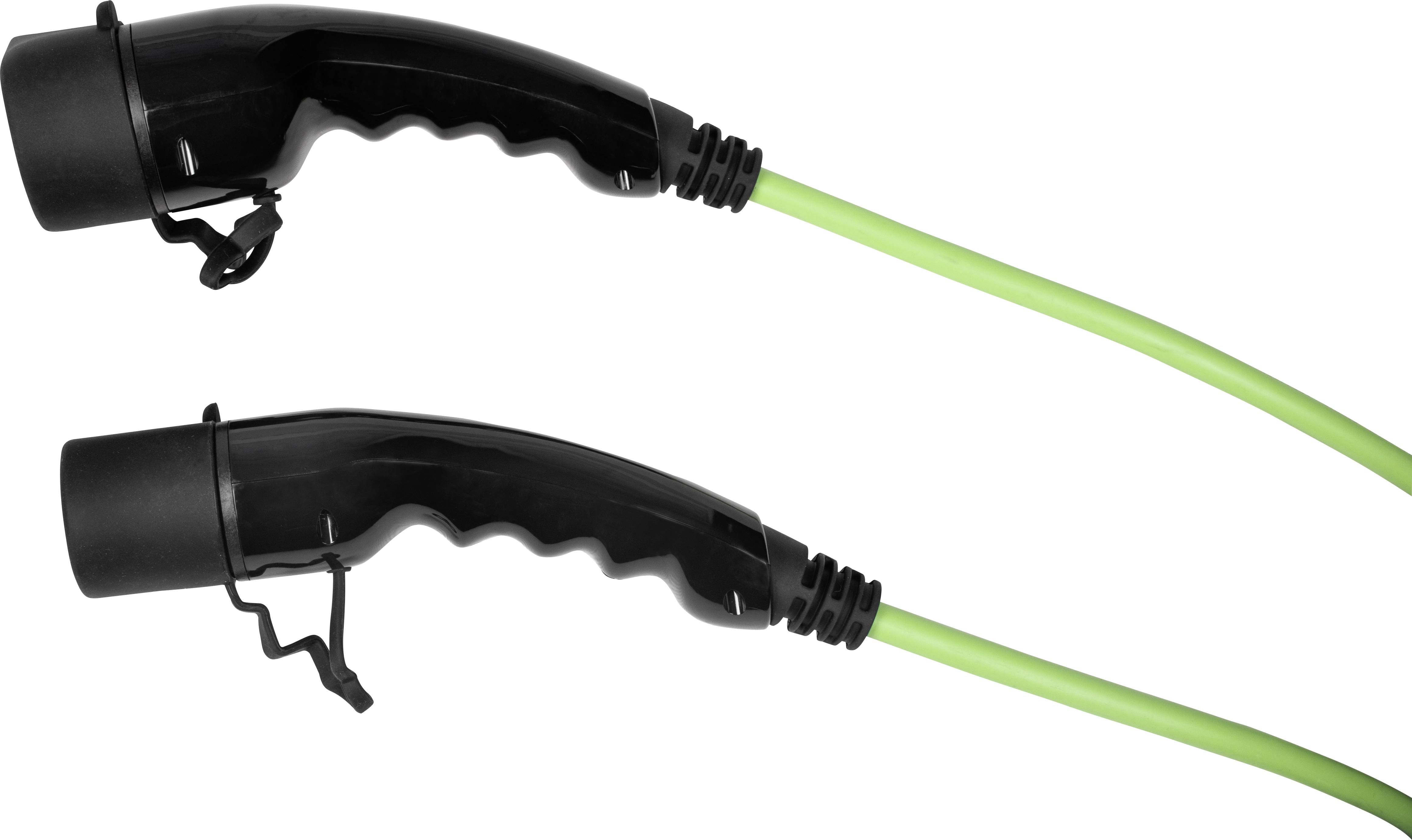 Two black electric charging plugs with green cables on a white background. They symbolise electric mobility and charging connections.
