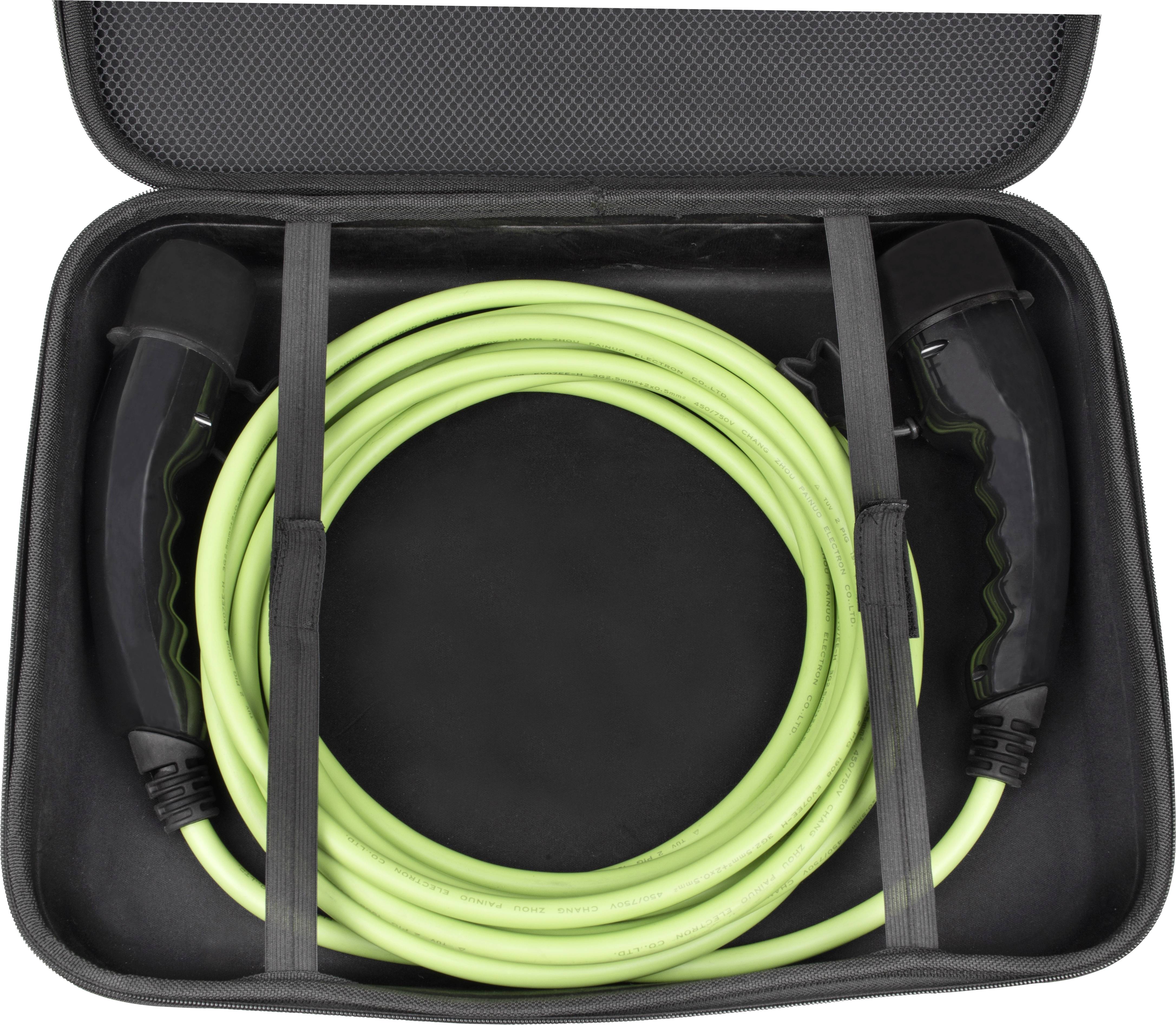 Green charging cable for electric vehicles in a black carry bag with two black connectors, neatly coiled.