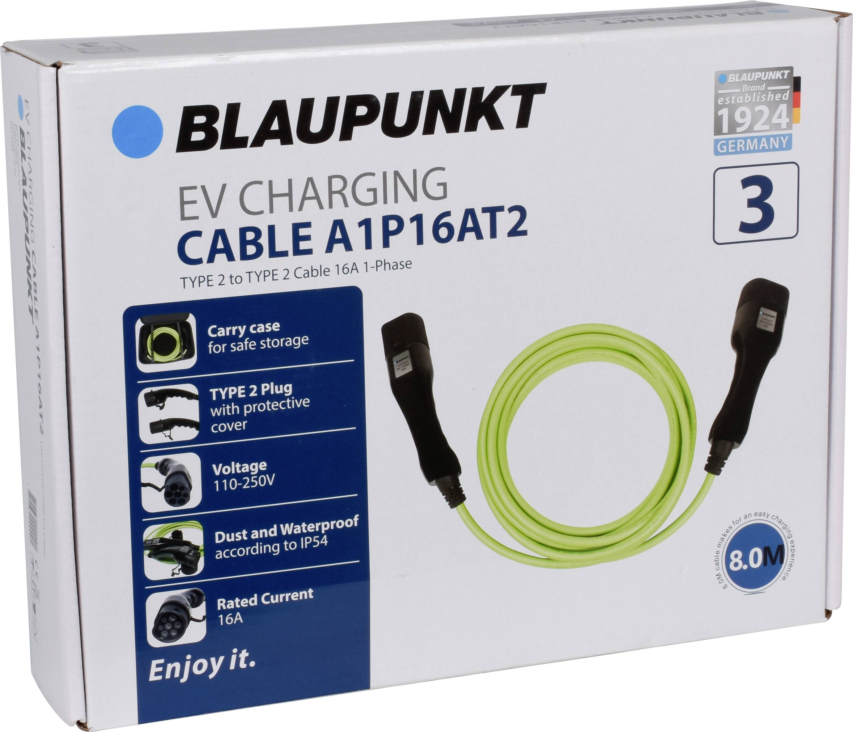 Packaging for a Blaupunkt EV charging cable, Type 2 to Type 2, 16A, 8 metres in length. Symbols indicate waterproof protection and a carry bag.