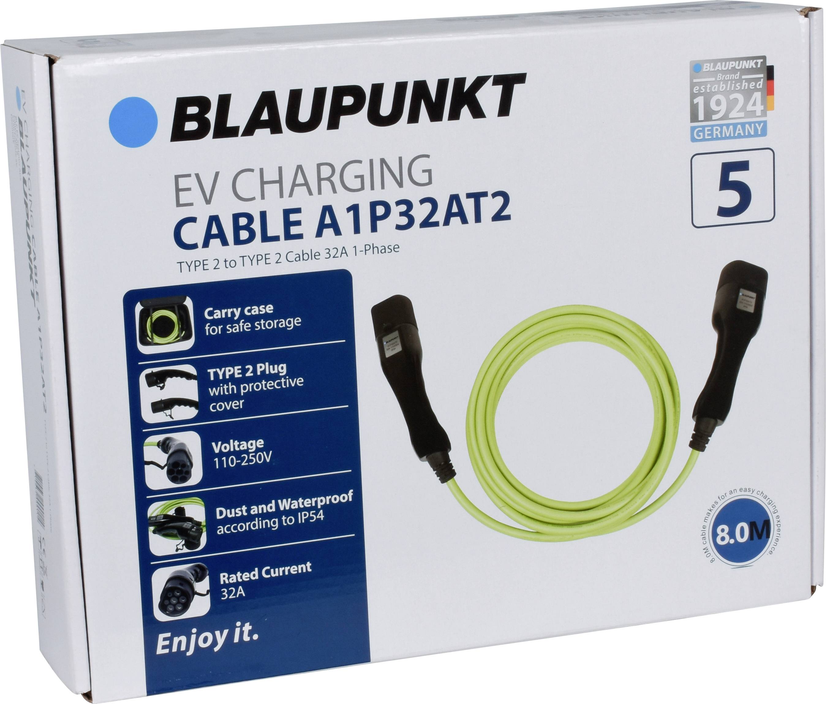 Packaging for a Blaupunkt EV charging cable Type 2 to Type 2, Model A1P32AT2, with carry bag, 8 m length, dust and waterproof, 32A.