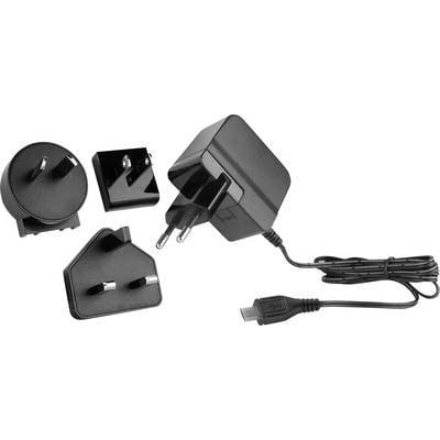 A black network charger with interchangeable international plugs; USB-C port. Suitable for various power sockets.