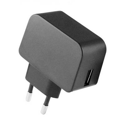 Black USB charger with EU plug and one USB port.