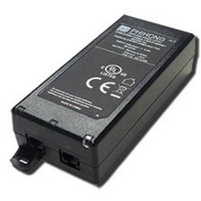 Black power supply with technical details on a label. Contains symbols for CE and UL certification.
