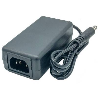 Black power supply with cable and plug.