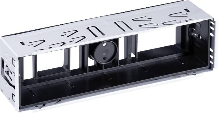 Metal radio frame, rectangular, silver-coloured, with mounting slots, designed for installation in vehicle dashboard.