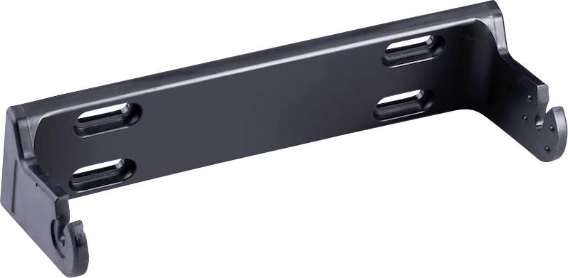 Black metal mounting bracket with four fixing holes and two hooks at the ends. It is used for mounting or securing devices.