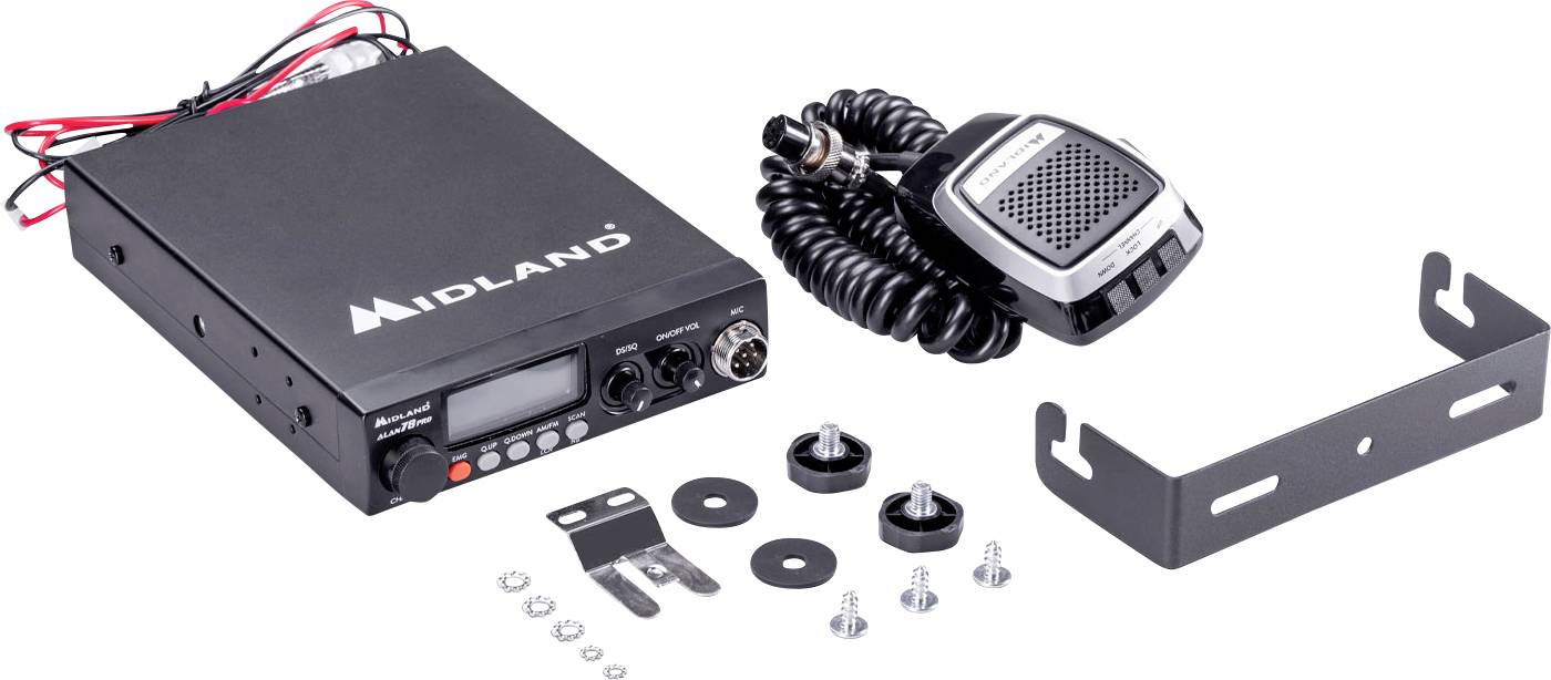 CB Radio Set with microphone, mounting bracket, screws and cables. Main unit with display and multiple buttons on the front panel.