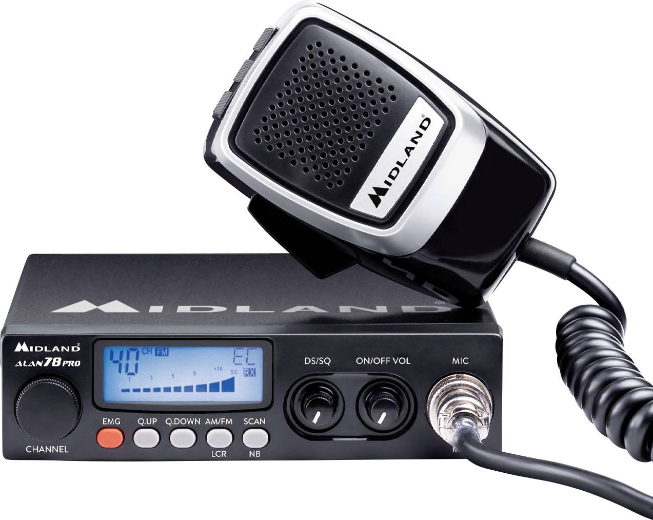 A CB radio with microphone, model 'Midland Alan 78 Plus', displays a digital screen with frequency and channel indication.