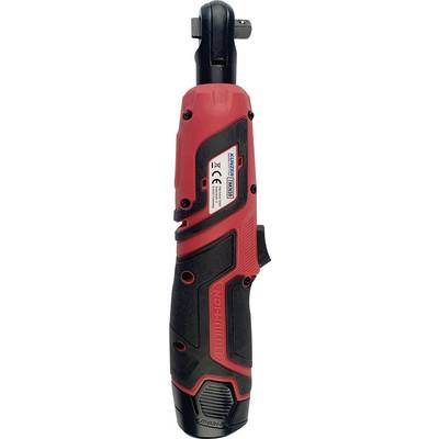 A red and black battery-powered ratchet screwdriver, standing vertically, with an ergonomic handle and CE marking on the label.