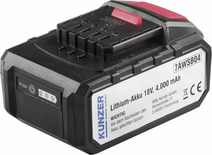 A black lithium battery, 18V, 4,000 mAh, by Kunzer, with CE marking.