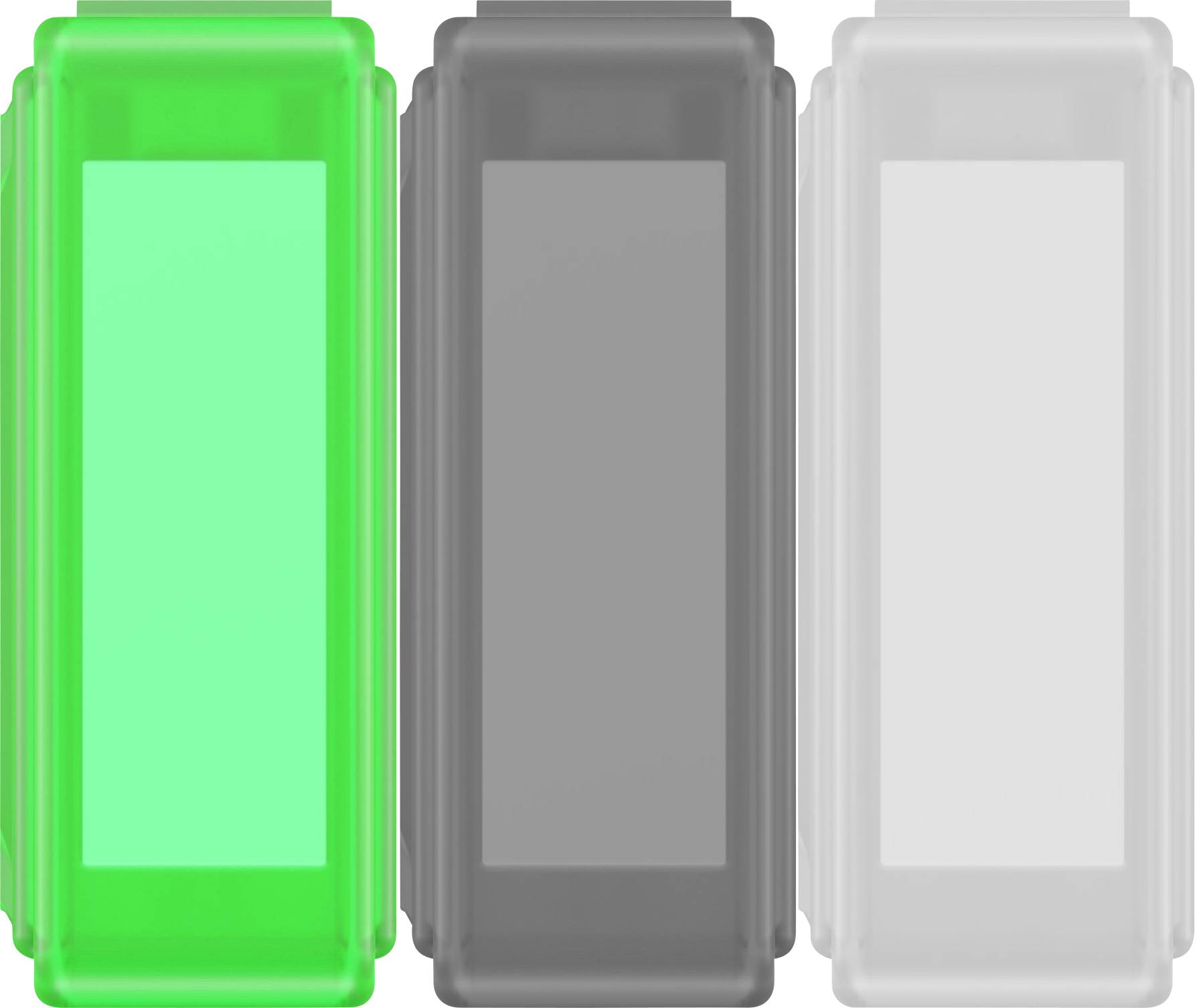 'Three switches standing side by side: the left one is glowing green, the middle one dark grey, and the right one light grey.'