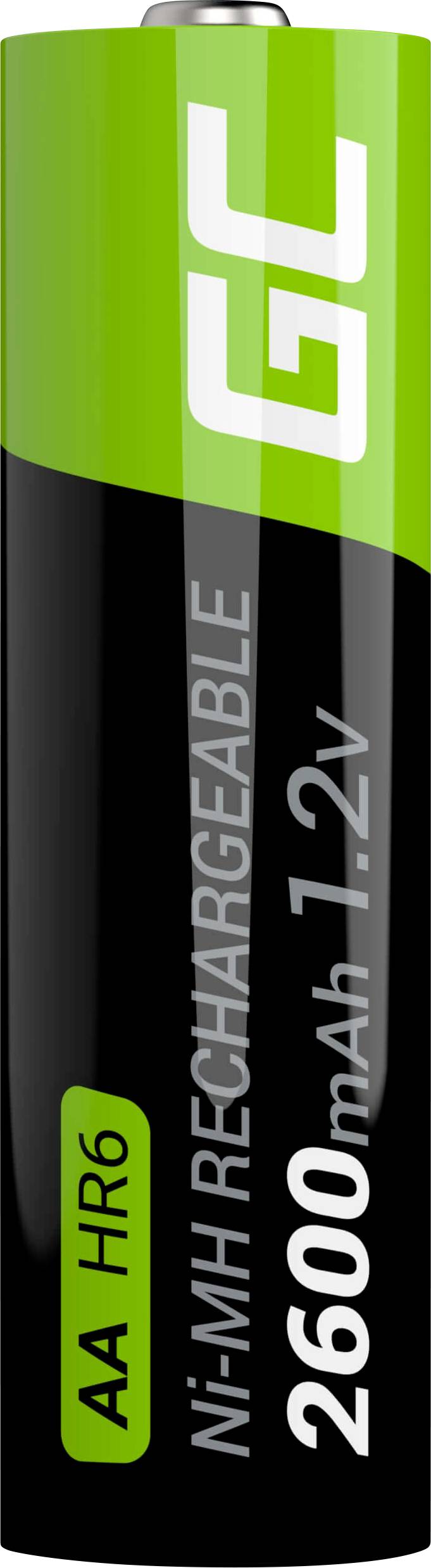 Rechargeable AA battery with 2600 mAh capacity, 1.2V, Ni-MH technology, green and black design.