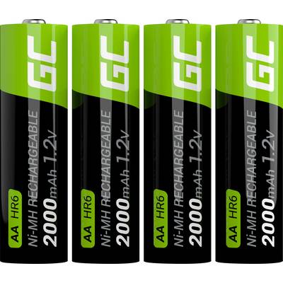 Four rechargeable AA batteries, upright stand, black and green casing, capacity of 2000 mAh, 1.2 V indicated.