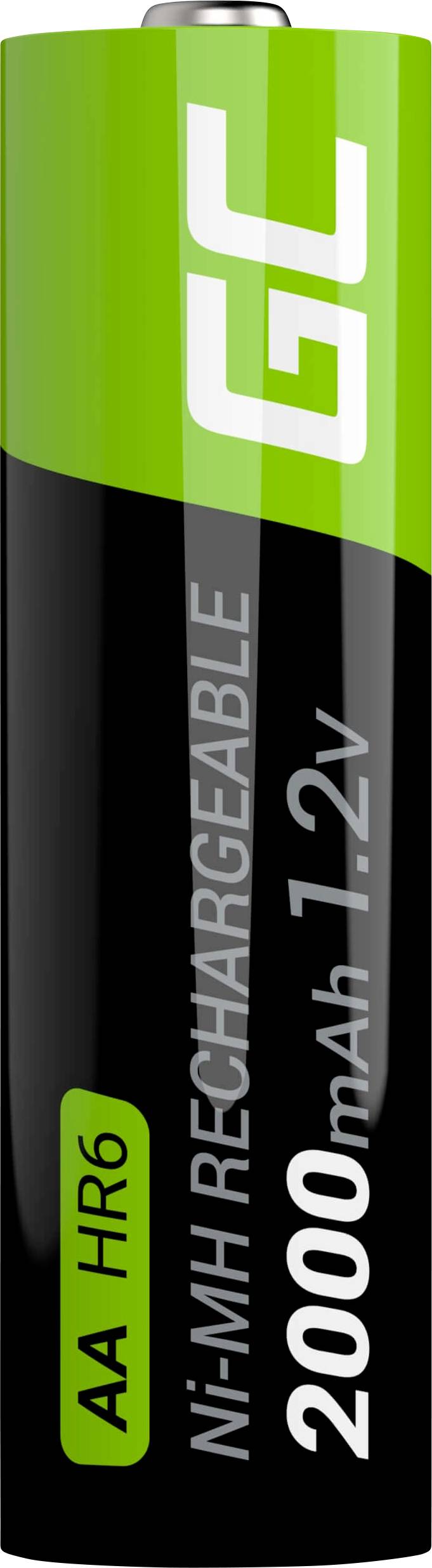 A rechargeable AA battery with the inscription 'Ni-MH Rechargeable, 2000 mAh, 1.2V'.